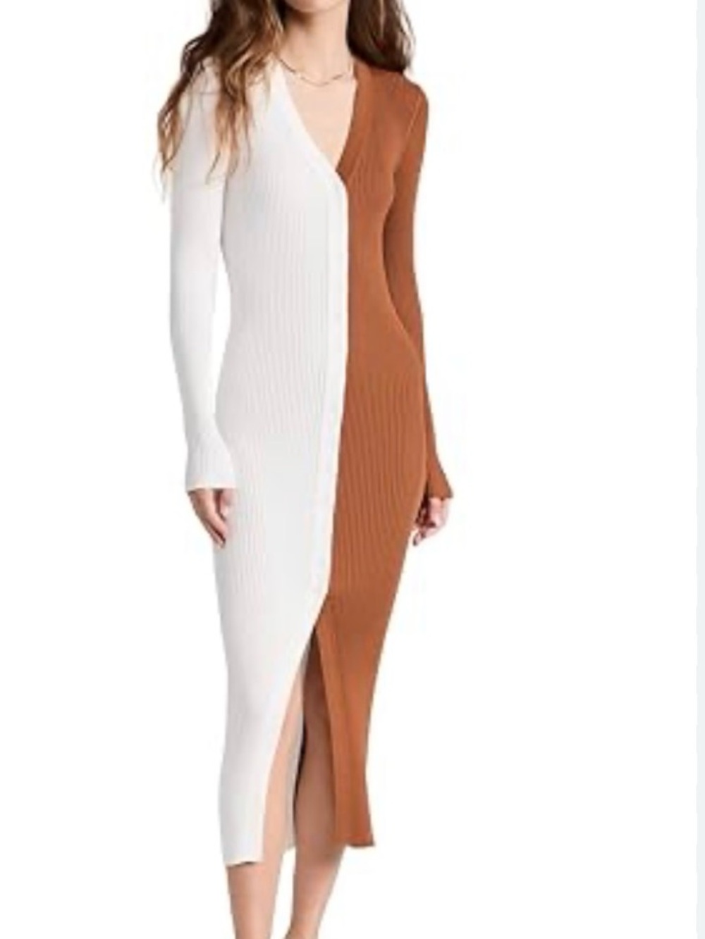 Say What? Two-Tone Ribbed V-Neck Long Sleeve Midi Dress in Beige & Brown